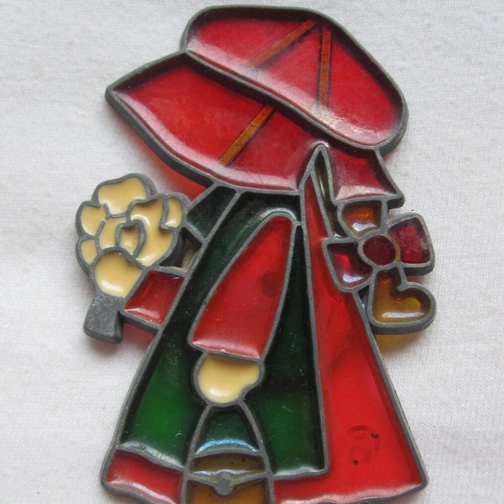 Vintage 3.5" Stained Glass Fridge Magnet- Girl in Dress & Bonnet w/ Flowers